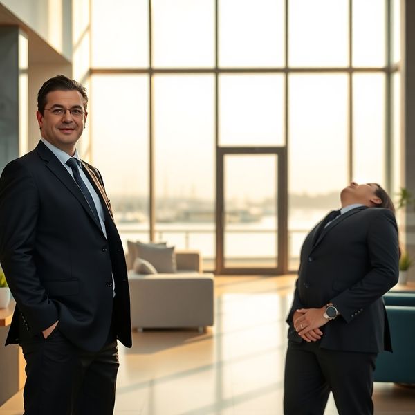 Doi consultanți financiari în costume, într-un birou luminos cu accente azurii