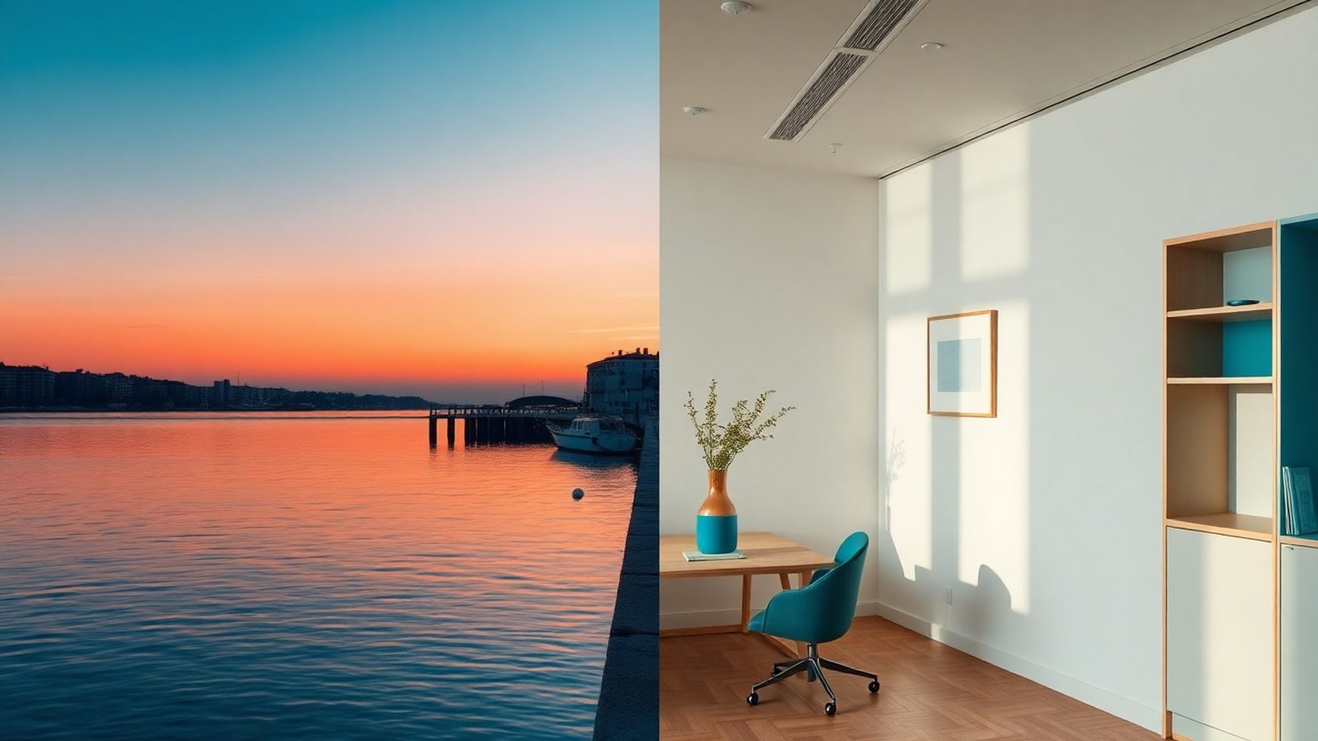Faleza Constanței și un interior de birou minimalist în tonuri de albastru azur